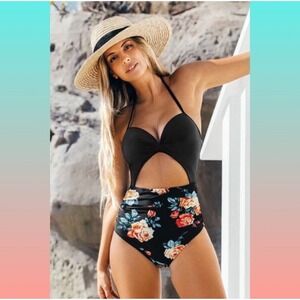 NWT Cupshe Women's Sz M One Peice Bathing Suit Black Floral. Cut Out. Boho‎